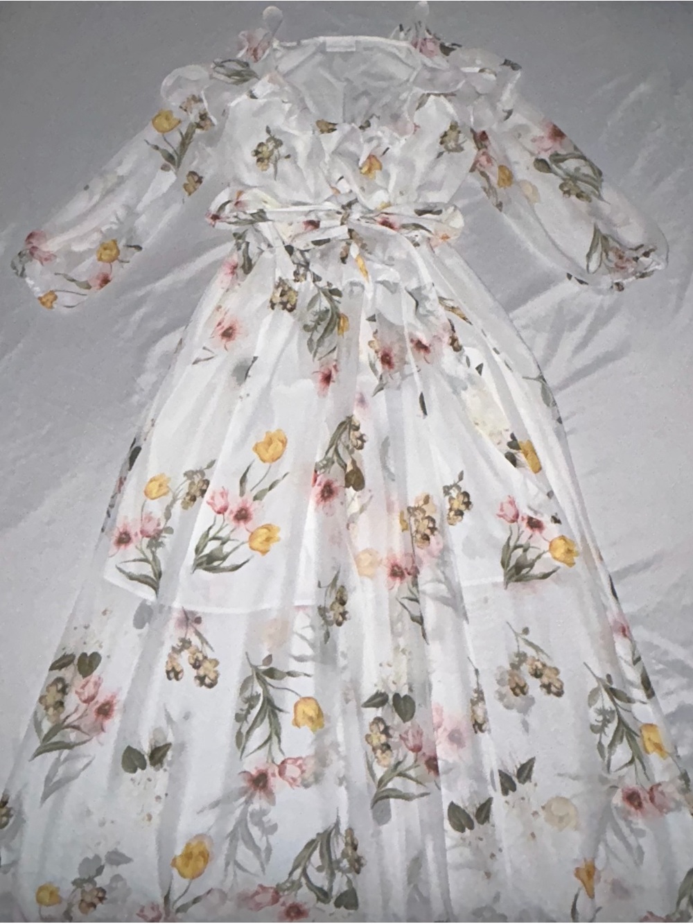 New York & Company White Floral Maxii Dress with Pink & Yellow Blooms oversized